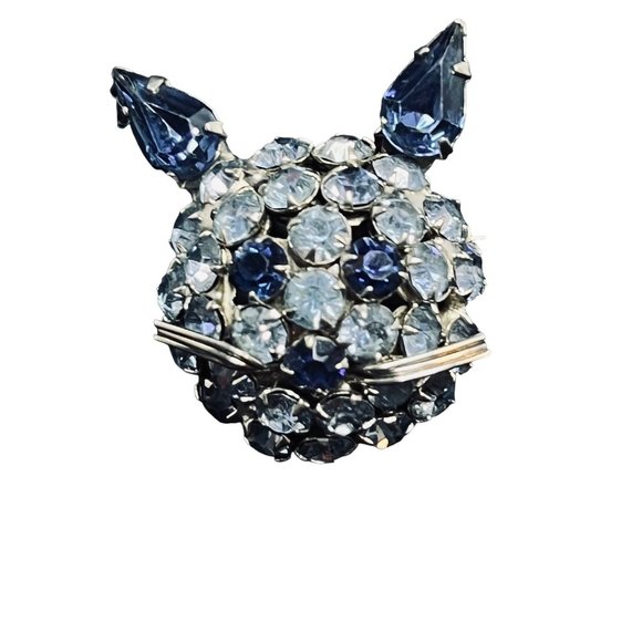 Warner Silver Tone With Two Tone Blue Glass Rhinestones Cat Head Brooch (5141) - Picture 1 of 4